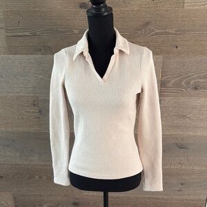 Cream Ribbed Knit Collared Sweater